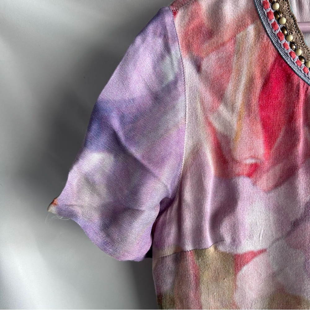 Blank London Watercolor Viscose Crepe Satin Short Sleeve Dress | Size Large - Picture 5 of 14